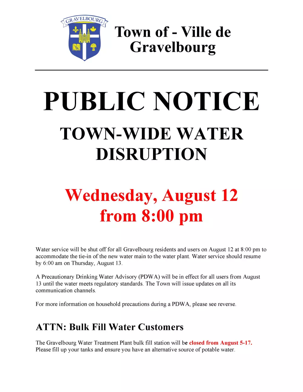 Public Notice: Town-wide Water Disruption